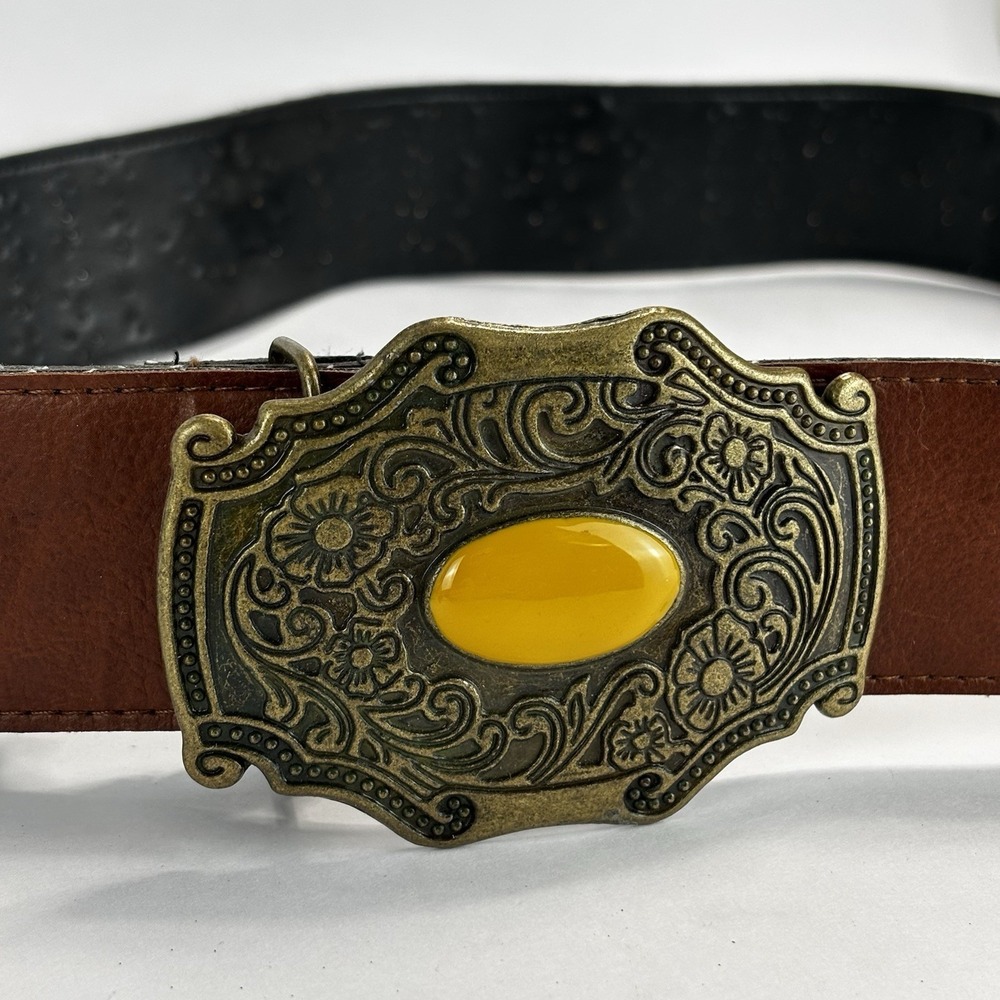 VTG Faux Leather Brown Studded Belt Women Sz 13 Large Metal Buckle Yellow Stone